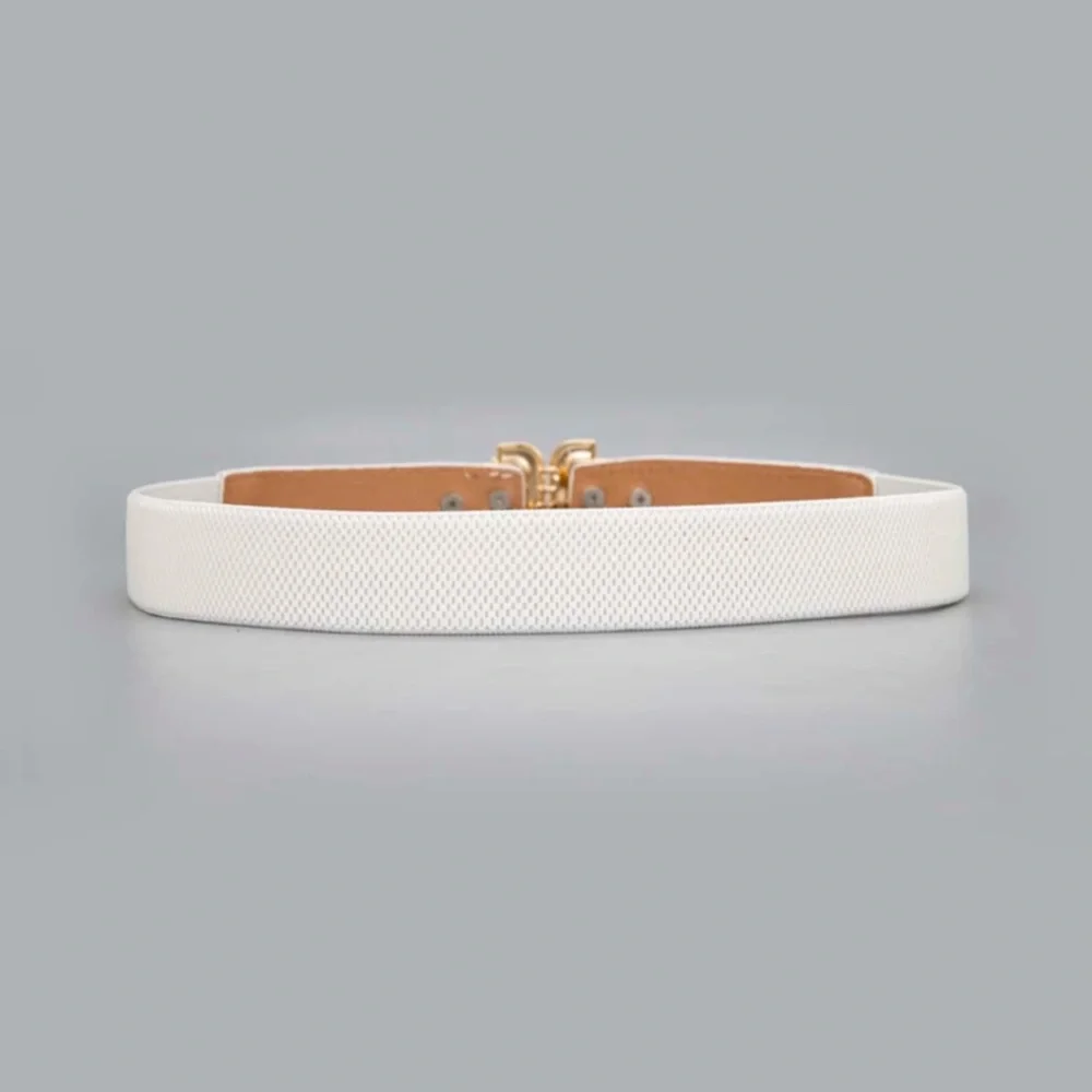 White Faux, Vegan Leather Detail Gold Tone Buckle Elastic Skinny Belt - Picture 2 of 3